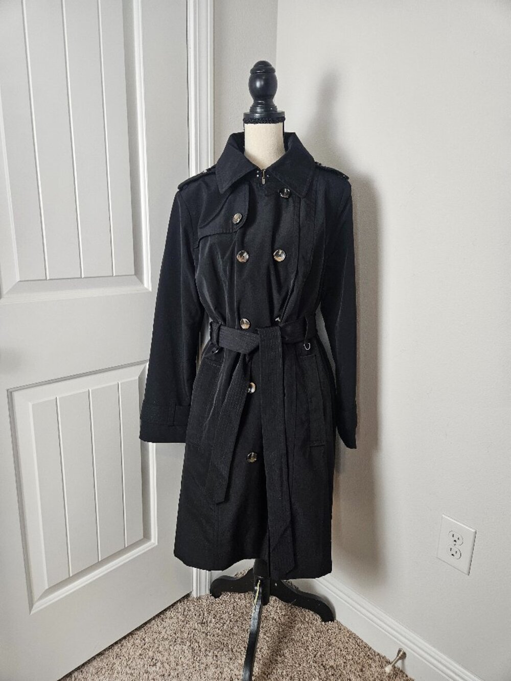 LONDON FOG DOUBLE BREASTED HOODED TRENCH COAT BLACK WOMEN'S SIZE XL
